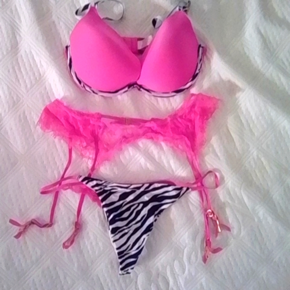 Victoria Secret's Matching Bra, Garter and Panty Set Pink with Zebra Accents